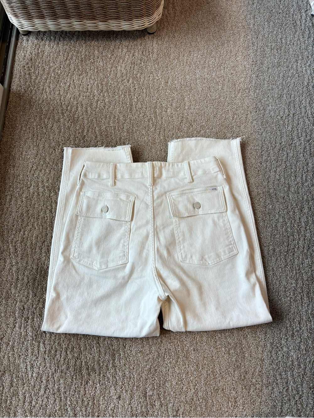 MOTHER jeans patch pocket private ankle fray in cream puff high rise denim